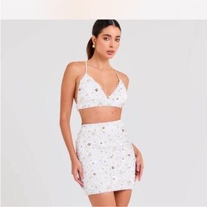 NADINE MERABI Nikita White Embellished Skirt Set